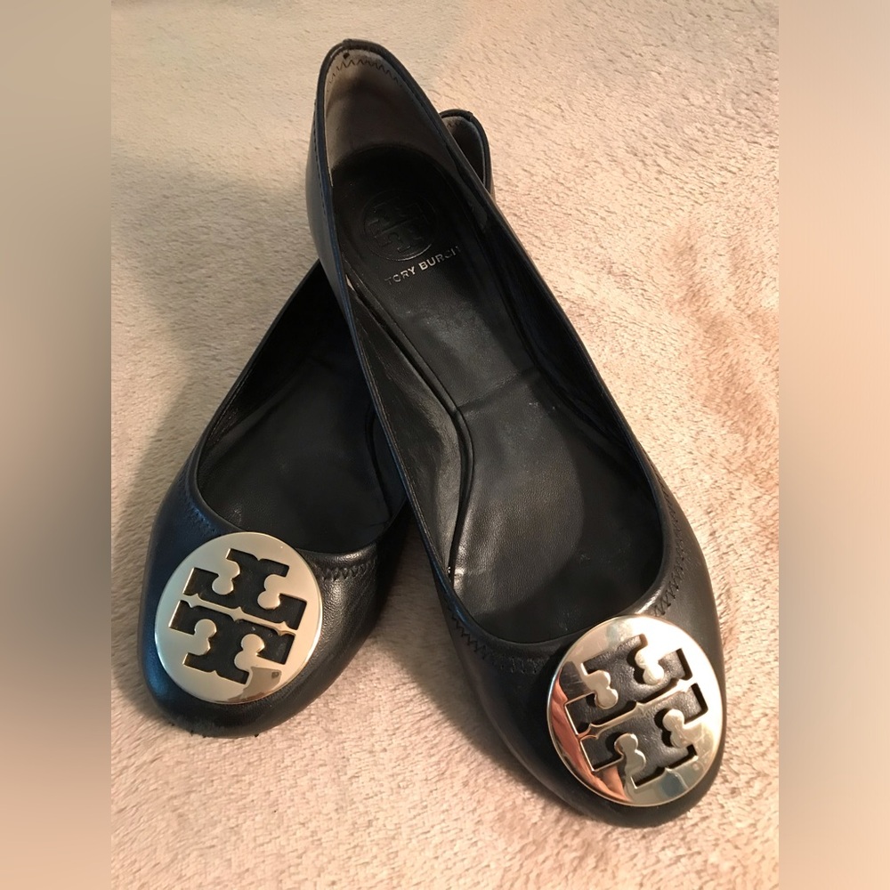 Tory Burch Black Leather Logo Ballet Flats